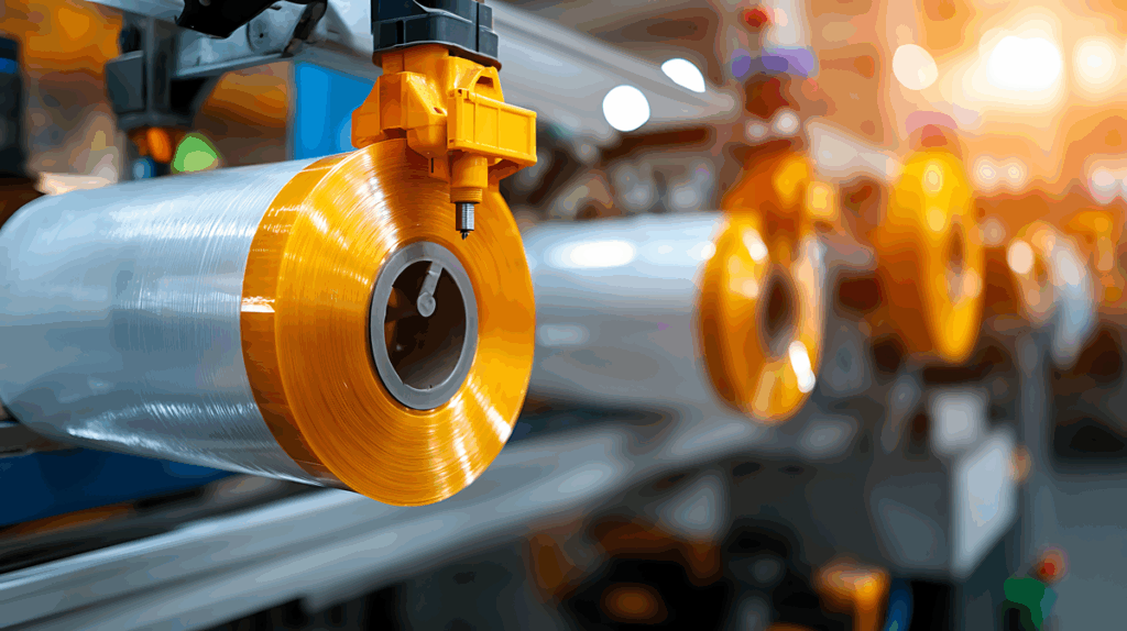 rolls of plastic film on an extrusion production line